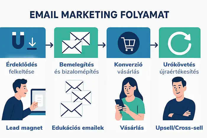 Email marketing folyamat 4 lépésben: érdeklődés felkeltése, bizalomépítés, konverzió és utókövetés